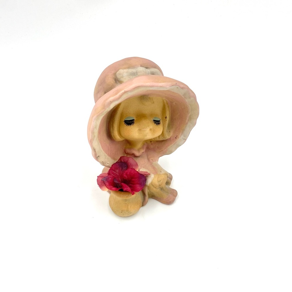 Vintage UCTCI Bisque Girl With Big Pink Bonnet &
Dress Sitting by Vase Figurine